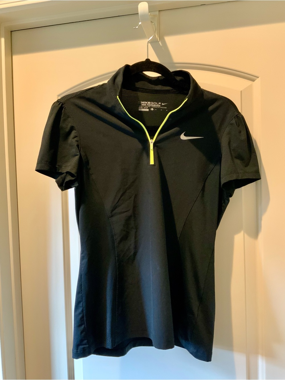 Nike Black Short Sleeve Golf Top with Neon Green Zip